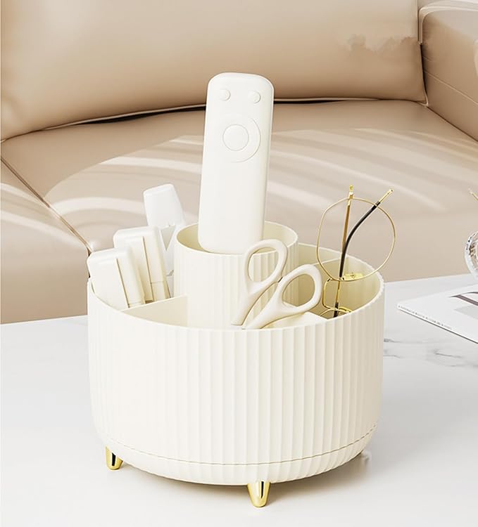 Desk Pencil Pen Holder 5 Slots 360°Degree Rotating Pen Organizers for Desk Desktop Storage Stationery Supplies Organizer Cute Cup Pot Kids Desk Organizer for Office Home School（Cream2）