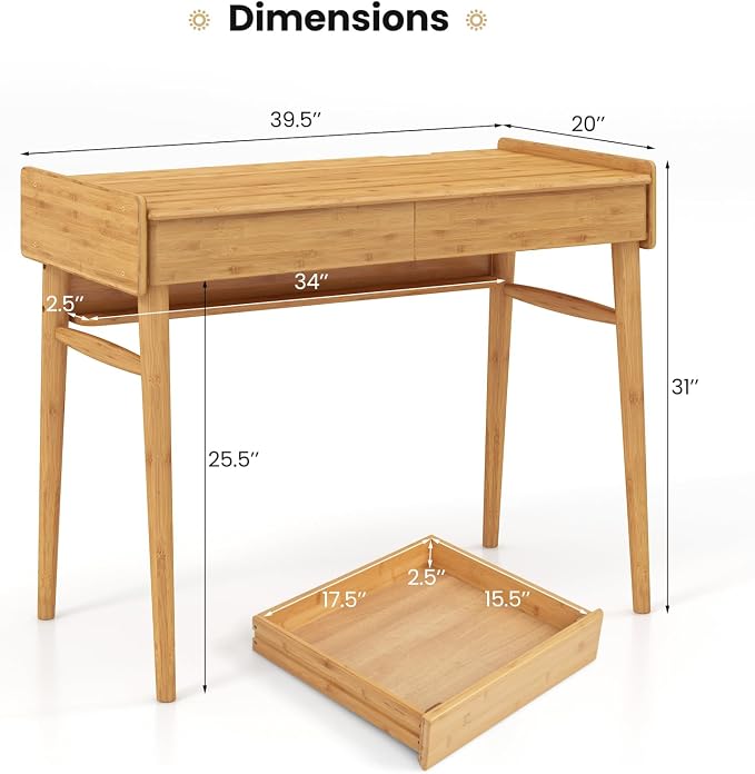 Giantex Computer Desk, 39.5" Bamboo Home Office Desk with 2 Storage Drawers and Open Shelf, Makeup Table Vanity Desk, Modern Writing Desk Computer Workstation for Bedroom, Study, Natural