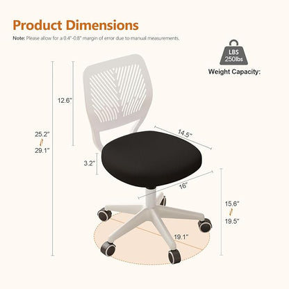 JPBSTO Armless Desk Chair, Height Adjustable Swivel Office Rolling Task Chairs with Soft Mesh Padded Cushion, Ergonomic Small Study Computer Chair for Girls Boys Teens (Black White, 2PCS)