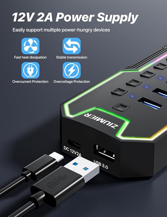 ZIUMIER Powered USB Hub, 10 Ports USB 3.0 Hub with RGB LED Strip | 12V/2A Power Adapter USB Extension,Individual LED On/Off Switches for Mac, PC, Desktop, Flash Drive, Mobile HDD