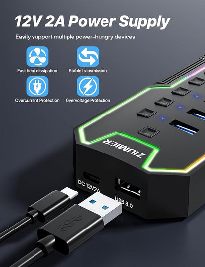 ZIUMIER Powered USB Hub, 10 Ports USB 3.0 Hub with RGB LED Strip | 12V/2A Power Adapter USB Extension,Individual LED On/Off Switches for Mac, PC, Desktop, Flash Drive, Mobile HDD