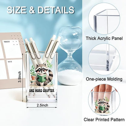 One More Chapter Acrylic Pencil Holder Cup, Book Lover Gifts for Women, Funny Reading Raccoon Desk Organizer and Accessories for Raccoon Lover Bookish Bookworms Readers, Pen & Bookmark Holder