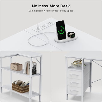 Simple Deluxe L Shaped Gaming Desk with Power Outlets, 47 Inch Computer Desk with 3 Drawers, Shelves, Corner Computer Desk for Gaming, Corner Work, Home Office, Study, White