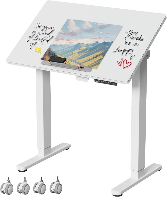 32inch Glass Standing Desk，90° Tiltable Mobile Rising Desk Height Adjustable，Whole Piece Rolling Sit Stand Table with Wheels，Foldable Small Laptop Desk，White