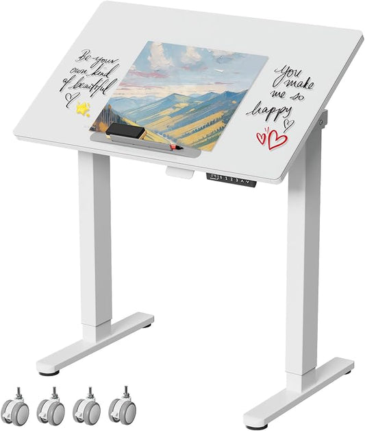 32inch Glass Standing Desk，90° Tiltable Mobile Rising Desk Height Adjustable，Whole Piece Rolling Sit Stand Table with Wheels，Foldable Small Laptop Desk，White