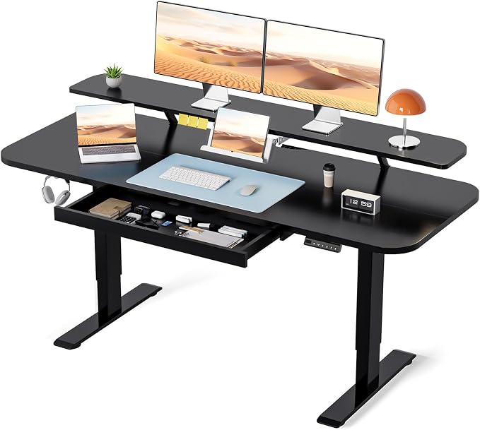 COMHOMA Electric Standing Desk with Drawers, 55 x 24 Inch Sit Stand up Desk with Monitor Stand, Laptop Stand, Height Adjustable Home Office Computer Desks with Memory Preset Controller (Black)