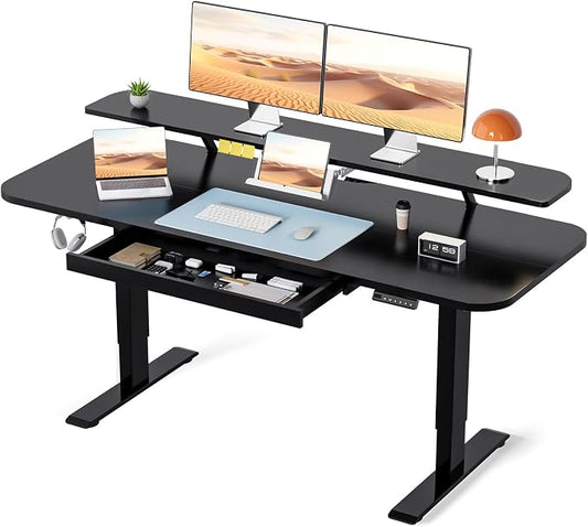 COMHOMA Electric Standing Desk with Drawers, 55 x 24 Inch Sit Stand up Desk with Monitor Stand, Laptop Stand, Height Adjustable Home Office Computer Desks with Memory Preset Controller (Black)
