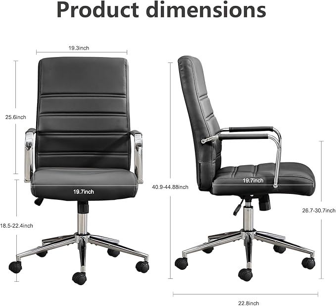Office Desk Chair Leather, Conference Room Chairs with Wheels, Modern Executive Office Chairs Adjustable Height, Ergonomic Swivel Rolling Ribbed Computer Chair(Black)