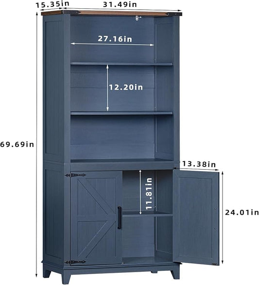 Joaxswe 70in Tall Bookshelf 5 Tier Bookcase with Barn Doors and Adjustable Shelves, Blue Farmhouse Book Shelf with Storage Cabinet, Wood Freestanding Display Bookshelves for Bedroom, Kitchen (2PCS)
