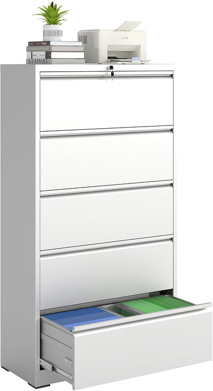 5 Drawer File Cabinet with Lock, Lateral Filing Cabinets,Metal Storage Filing Cabinets for Home Office, Heavy Duty File Cabinet for Letter/Legal/A4/F4 Size Amsseble Required, White