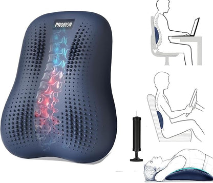 Lumbar Support Pillow, Inflatable Rubber Lumbar Pillow for Lower Back Pain Relief - Car Back Cushion for Driving Seat, Office Chair, Back Support Stretcher, Waterproof, Adjustable Thick, 12''Lx 14''H