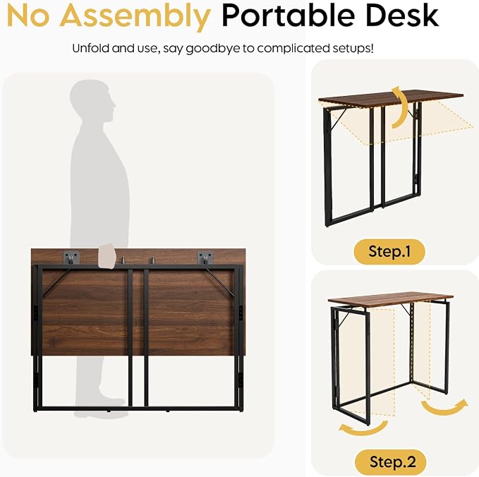 alawooder Folding Desk - 31.5" Wood Top Foldable Desk for Small Spaces | No Assembly Required Compact Desk for Home Office, Writing, and Study