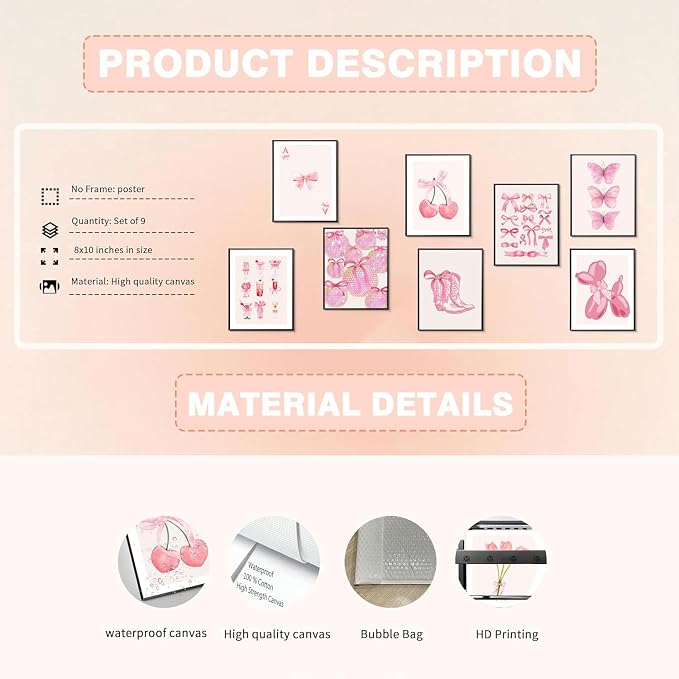 Ucninvd Pink Bow Wall Art Posters Set of 9 Trendy Coquette Preppy Wall Decor Paintings Disco Ball Girly Room Decor Aesthetic Canvas Pictures Prints for Bathroom Living Room Dorm 8x10Inch Unframed