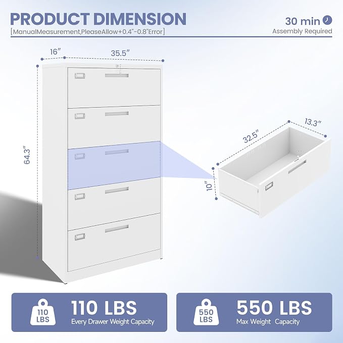 5 Drawer File Cabinet, White Metal Lateral File Cabinet with Lock, Office Filing Cabinet for Legal/Letter/A4/F4 Size with Hanging Files, Lockable File Cabinets for Home Office
