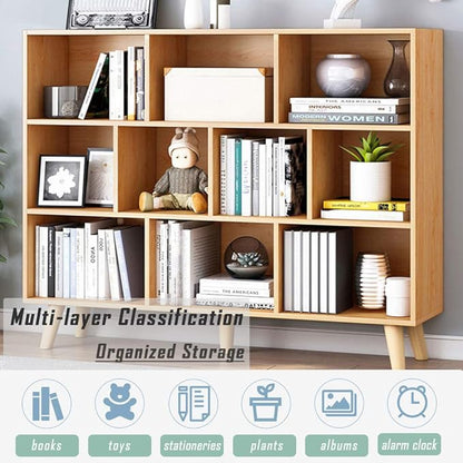 IOTXY Wooden Open Shelf Bookcase - 3-Tier Floor Standing Display Cabinet Rack with Legs, 10 Cubes Bookshelf, Pear Yellow