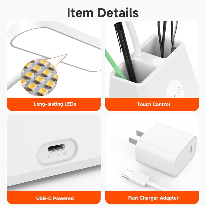 AXX 18 in Desk Lamp with Fast Wireless Charger for College Dorm Room, Adjustable LED Table Light for Home Office, White, Small, Cute