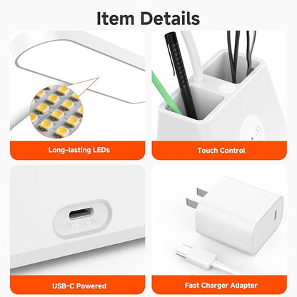 AXX 18 in Desk Lamp with Fast Wireless Charger for College Dorm Room, Adjustable LED Table Light for Home Office, White, Small, Cute
