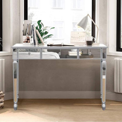 Henf Mirrored Console Table, Modern Makeup Vanity Desk Dressing Table with 3 Drawers, Contemporary Vanity Sofa Side Table Occasional Entry Table for Entryway/Living Room/Bedroom, Antique Silver