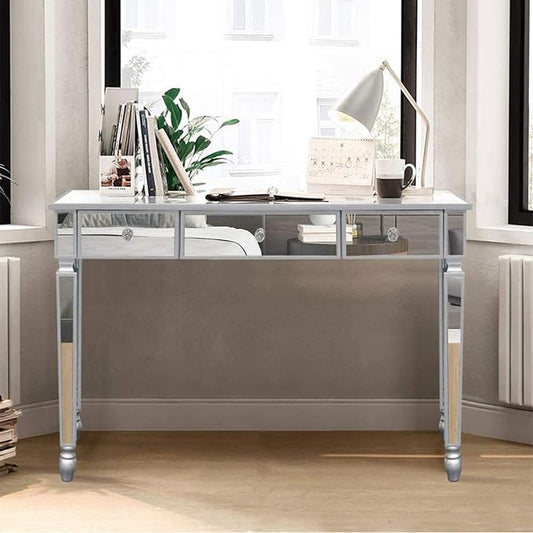 Henf Mirrored Console Table, Modern Makeup Vanity Desk Dressing Table with 3 Drawers, Contemporary Vanity Sofa Side Table Occasional Entry Table for Entryway/Living Room/Bedroom, Antique Silver