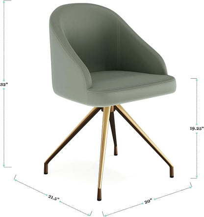 Martha Stewart Sora Stationary Swivel Task Chair with Sloped Arms for Home Office in Sage Faux Leather with Polished Brass Frame