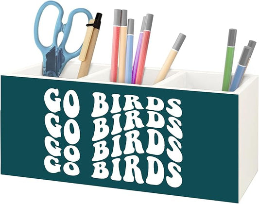 Football Fan Gifts Green Wooden Pen Pencil Holder for Office Desk Accessories, Gifts for Football Lovers Players, Go Birds Makeup Brush Toothbrush Holder Organizer