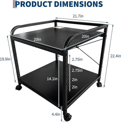GarveeHome Under Desk Printer Stand, 20" Deep Large Printer Table with Height Adjustable Storage Shelf, 2 Tier Rolling Printer Cart with Wheels for Home Office, Black