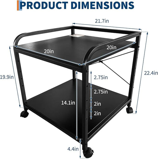 GarveeHome Under Desk Printer Stand, 20" Deep Large Printer Table with Height Adjustable Storage Shelf, 2 Tier Rolling Printer Cart with Wheels for Home Office, Black