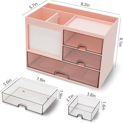 QIYVLOS Multi-Functional Desk Organizer with 3 Drawer and 8 Compartments, Pink
