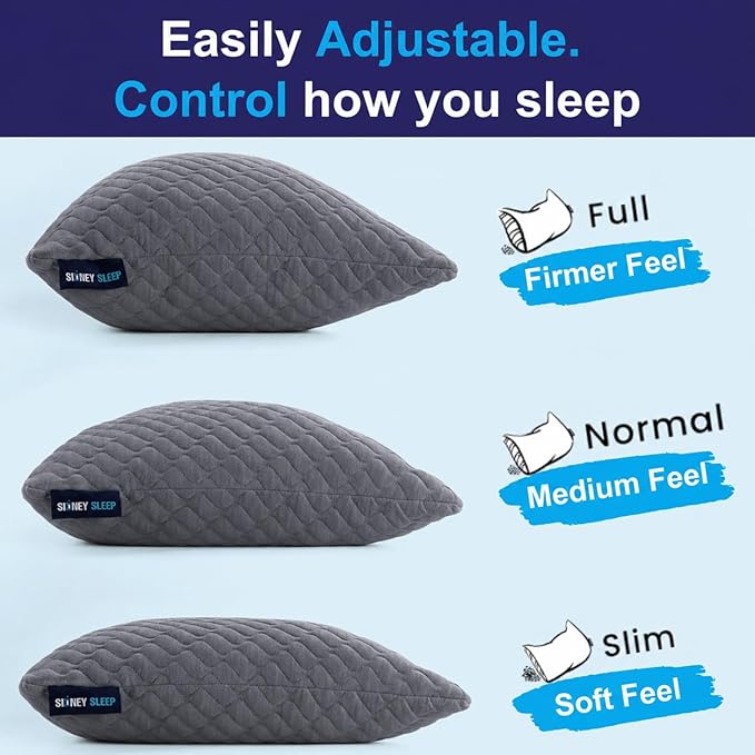 Sidney Sleep Adjustable Curved Pillows for Neck and Shoulder Support with Extra Shredded Fill - Cervical Contour Pillow for Side and Back Sleepers. Standard Size 19" x 26" CertiPUR-US Certified (Grey)