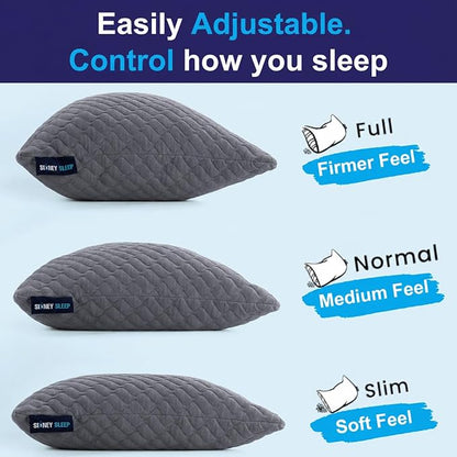 Sidney Sleep Adjustable Curved Pillows for Neck and Shoulder Support with Extra Shredded Fill - Cervical Contour Pillow for Side and Back Sleepers. Standard Size 19" x 26" CertiPUR-US Certified (Grey)