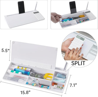 Small Glass Desktop Whiteboard Dry-Erase-Board - Computer Keyboard Stand with Calculator White Board Surface Pad with Drawer, Desk Organizers with Accessories for Office, Home, School Supplies - White