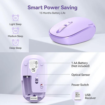 TECKNET Wireless Mouse, 2.4G Quiet Computer Mouse with USB Receiver, 4 Buttons Portable Cordless Mice for Chromebook, Laptop, PC, Mac, 800/1200/1600 DPI - Purple