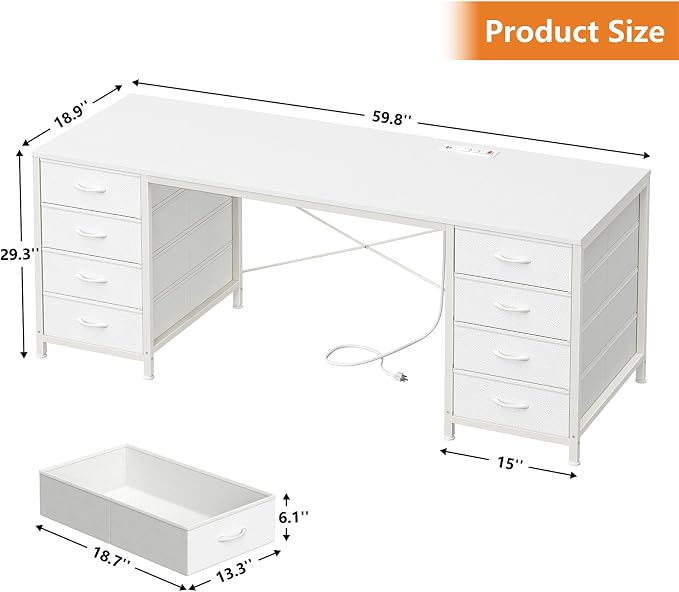 YOMILUVE 60 Inch Computer Desk with 8 Drawers, Home Office Desk with Power Outlets, Work Study Gaming Desk with 8 Fabric Drawers