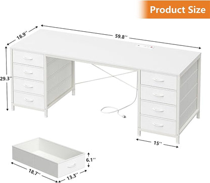 YOMILUVE 60 Inch Computer Desk with 8 Drawers, Home Office Desk with Power Outlets, Work Study Gaming Desk with 8 Fabric Drawers
