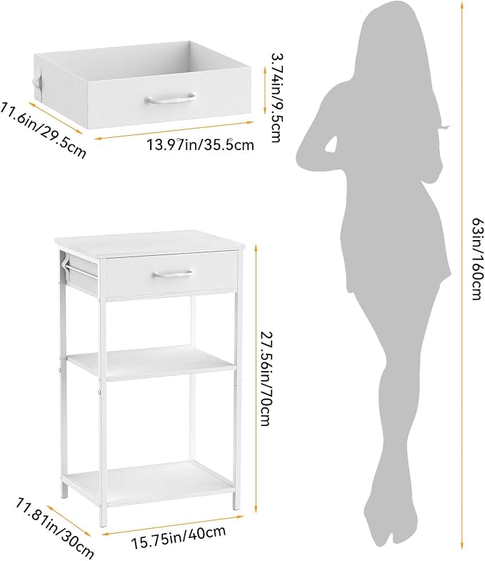 Printer Stand with Fabric Drawer, 3-Tier Industrial Sturdy Under Desk Printer Cart with Open Storage, Narrow Printer Table for Home Office, Fits Printer Scanner Fax Machine, White