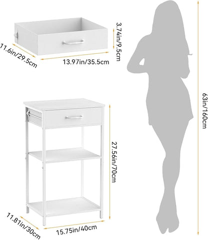 Printer Stand with Fabric Drawer, 3-Tier Industrial Sturdy Under Desk Printer Cart with Open Storage, Narrow Printer Table for Home Office, Fits Printer Scanner Fax Machine, White