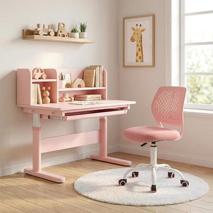 POWERSTONE Small Home Office Desk Chair, Swivel Rolling Study Computer Chair, Adjustable Height Task Chair with Armless Mid Back, Upholstered Mesh Seat, Pink