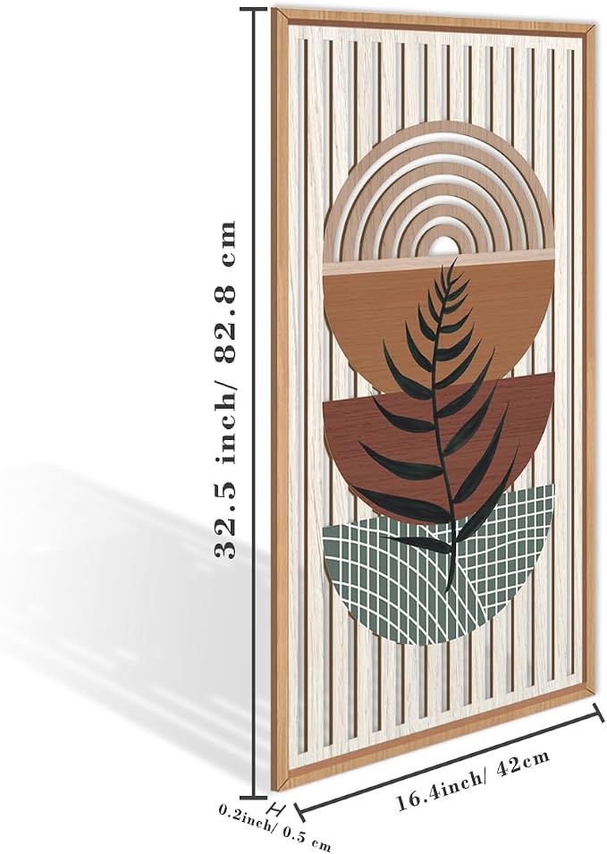 IARTTOP Framed Boho Mid-century Modern Wood Wall Art 16x32 Inch Large Bohemian Abstract Geometric Wooden Wall Decor Minimalist Brown Green Plant Decor for Bedroom Living Room Dining room Set of 3