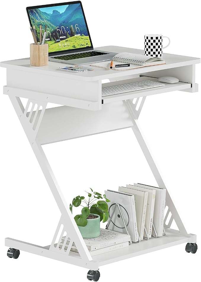 ALISENED 2 Tier Computer Desk with Keyboard Tray, 23.6" Home Office Desk Computer Workstation Rolling Study PC Laptop Table for Small Spaces,Z-Shaped Small Compact Study Table,White