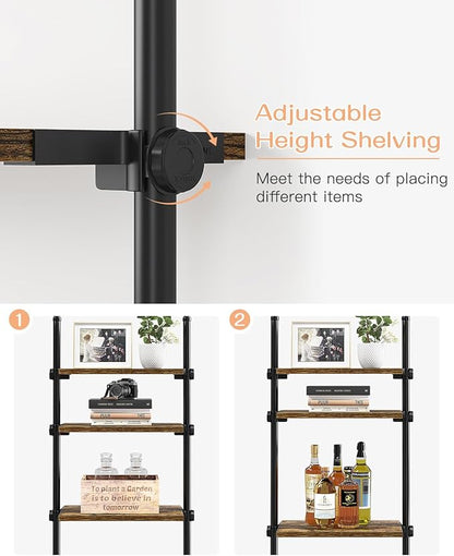 ALLZONE Adjustable Tall Narrow Bookshelf, 4-Tier Floor-to-Ceiling Tension Mount Ladder Book Shelf with Storage for Versatile Uses, Fits 64-113 Inch Ceilings, 20.28-Inch Wide Wood Shelves, Rustic Brown