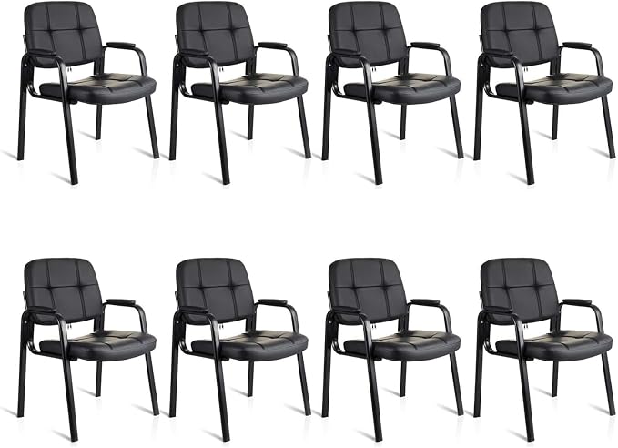 CLATINA Waiting Room Chairs with Padded Arms Leather Guest Chair no Wheels for Office Reception and Conference Desk with Sled Base Black, 8PK