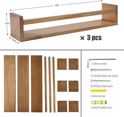 AZSKY Light Walnut Floating Nursery Shelves, Wall Mounted Book Shelves Nursery Kids Room Decor 24 Inch, Toddler Bookshelf for Bathroom Living Room Kitchen Spice Rack a Set of 3
