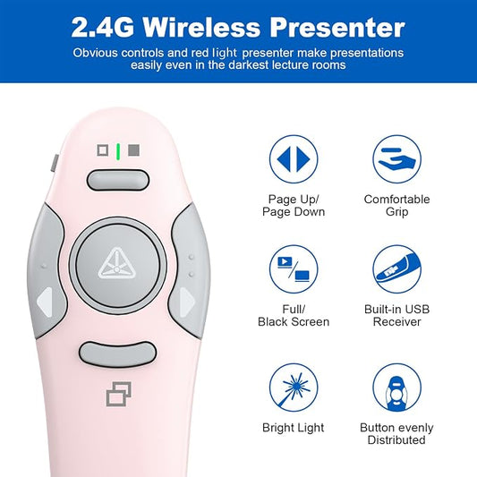 QUI Presentation Clicker Wireless Presenter Remote Clicker for PowerPoint Presentation Remote, PowerPoint Slide Advancer for Mac/Windows/Google Slide/Keynote, Pink, A-C
