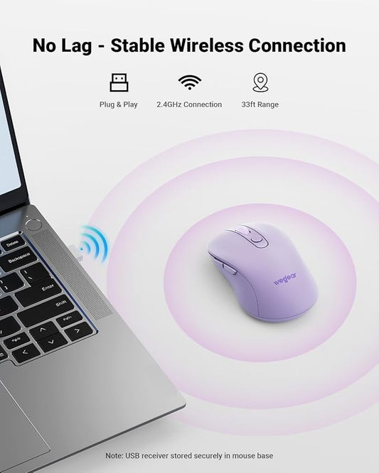 wegear USB Wireless Mouse for Laptop PC Mac, 2.4GHz Cordless Mouse with 6 Buttons, 5-Level Adjustable 4000 DPI, Ergonomic Portable Optical Computer Mice, 24-Month Battery Life (Purple)