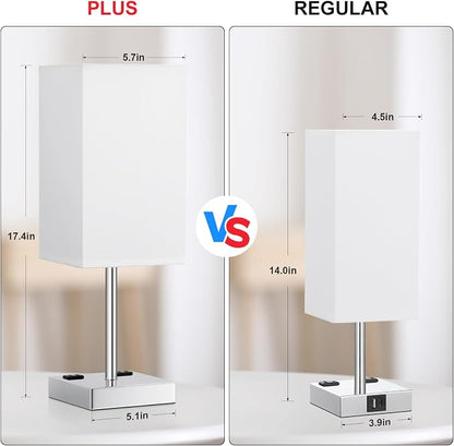 Touch Bedside Table Lamp For Nightstand - 3-Way Dimmable Night Lamp with USB A + Type C Charging Ports and two AC Outlets, Small Desk Light with E26 LED Bulb for Bedroom Living Room, WHITE PLUS