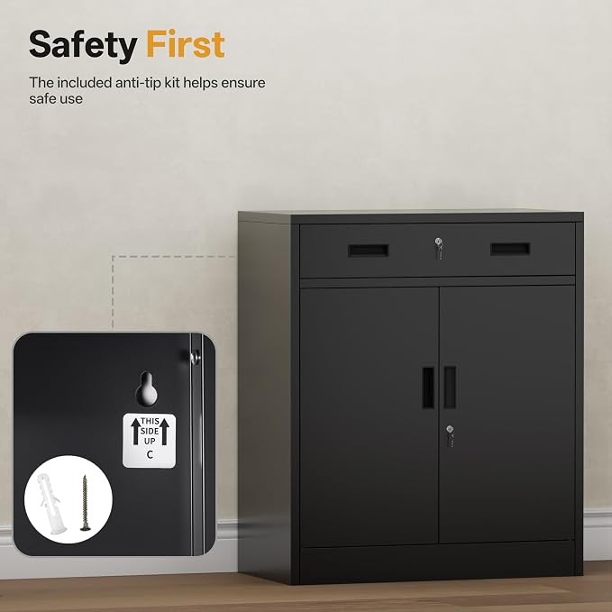 Metal Storage Cabinet 36" H, Locking Storage Cabinet with 1 Drawer and Adjustable Shelf, Garage Storage Cabinet for Home Office, Garage, School, Apartment, Warehouse