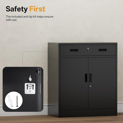 Metal Storage Cabinet 36" H, Locking Storage Cabinet with 1 Drawer and Adjustable Shelf, Garage Storage Cabinet for Home Office, Garage, School, Apartment, Warehouse
