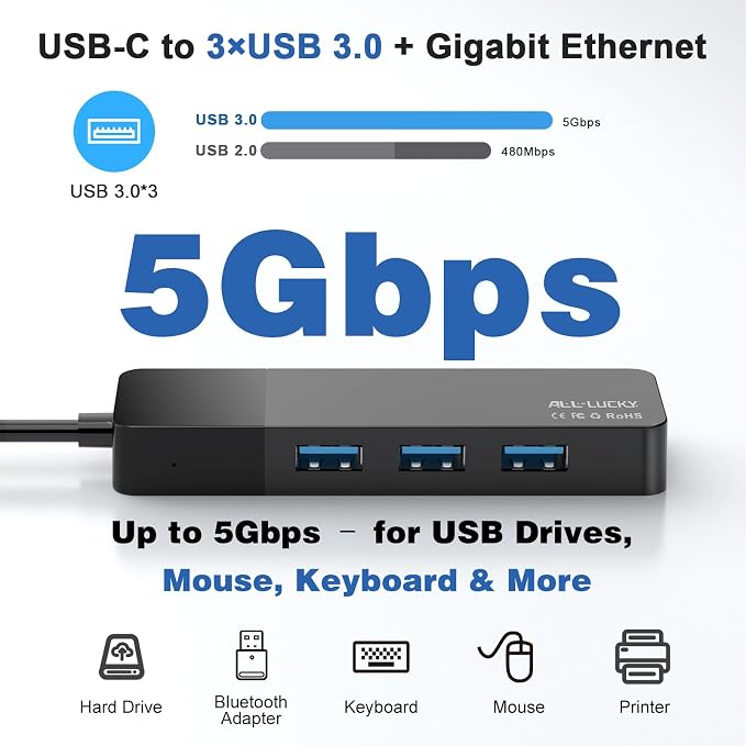 ALL-LUCKY USB to Ethernet Adapter, 4 in 1 USB C to Ethernet Adapter Hub with 3×USB 3.0 Ports, 1000Mbps Network HUB for MacBook, Dell XPS, Surface, HP Laptops (for USB-C Phones & iPad)