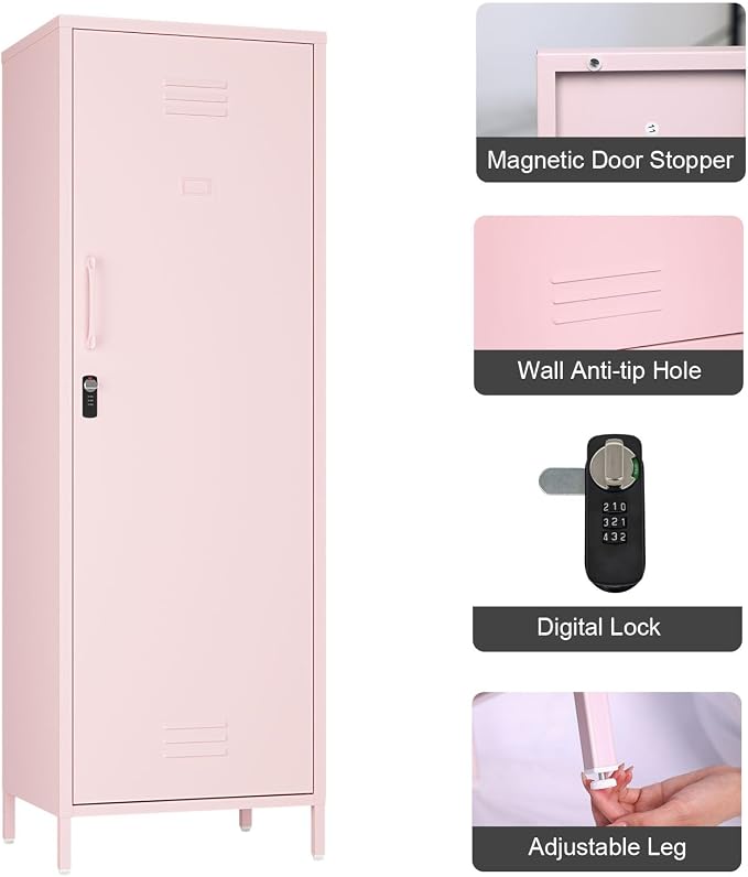 Steehoom Metal Storage Cabinet for Employees, Pink Locker, Lockable File Cabinet, Utility Tall Cabinet with 3 Shelves for Living Room, School, Office, Garage, Entryway (Pink, H59.06'')