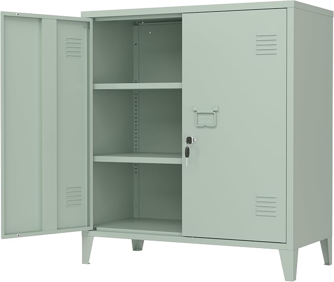 Metal Storage Cabinet Locking Storage Cabinet (Green) | With 2 Adjustable Shelves and Doors, Small Storage Cabinet for Home Warehouse Office Garage
